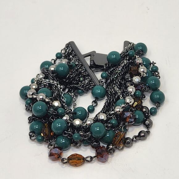 Talbots Multi Chain Beaded Layered Bracelet Gunmetal Gray Teal Brown Boho Chunky - Picture 4 of 6